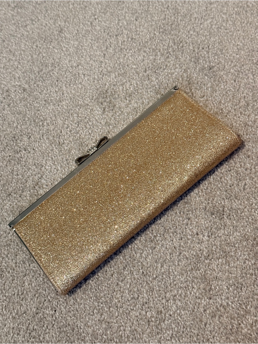 INC Gold Glitter Clutch Purse Rhinestone Bow Clasp Vintage Glam Statement Style